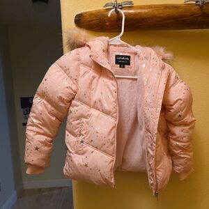 Girls' Pink Star-Print Puffer Jacket with Faux-Fur Trim